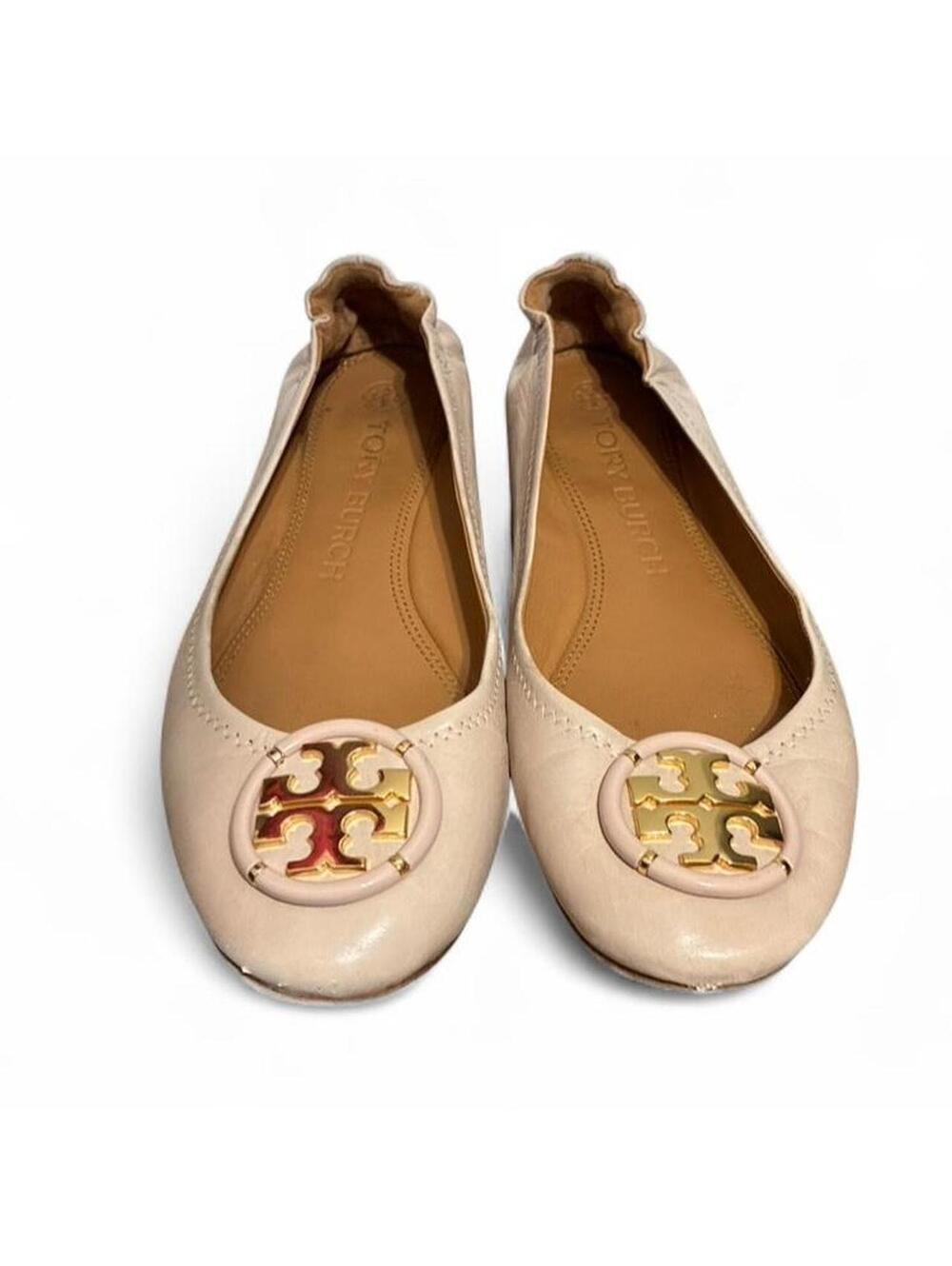 Tory Burch Minnie Travel Ballet Flats Blush Pink Leather Gold Logo Size 8.5